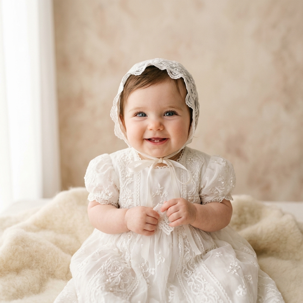 Retrato angelical de bebé con ropón y gorrito de encaje