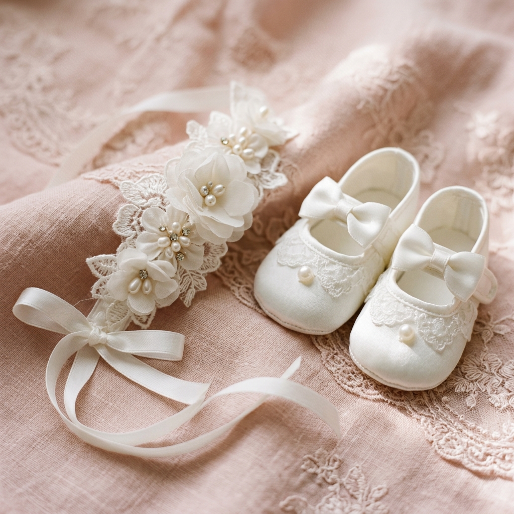 Detalles de zapatitos de bautizo y tocado artesanal con perlas
